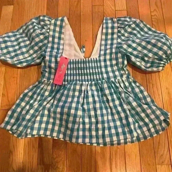 Lilly Pulitzer Women's Blue Check Sarafina Short Sleeve Blouse Size 6 - Picture 7 of 9